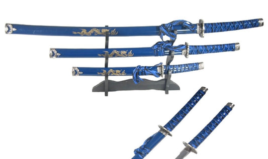 3 Pc Japanese Samurai Katana Blue Sword Set