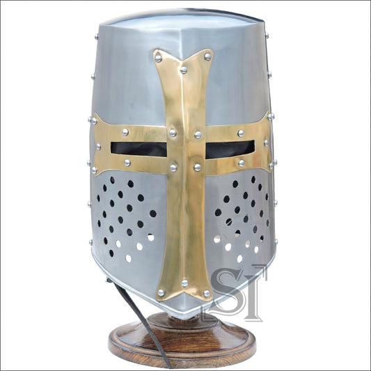 Barrel Brass Helm Crusader Great Helmet with Stand