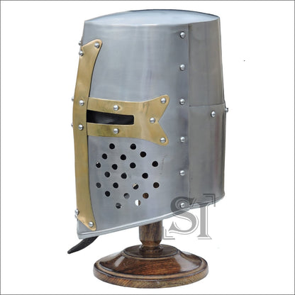 Barrel Brass Helm Crusader Great Helmet with Stand