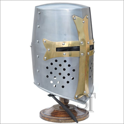 Barrel Brass Helm Crusader Great Helmet with Stand