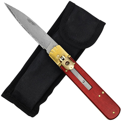 Red Pakkawood Handle Automatic Damascus Steel Lever Lock Switchblade Knife