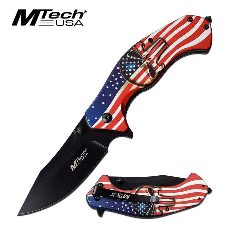 American Flag Skull Spring Assisted Knife Tactical EDC