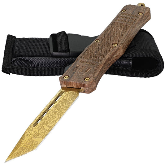 9.5" Damascus Textured Gold Tanto Blade Wood Design Handle OTF Knife