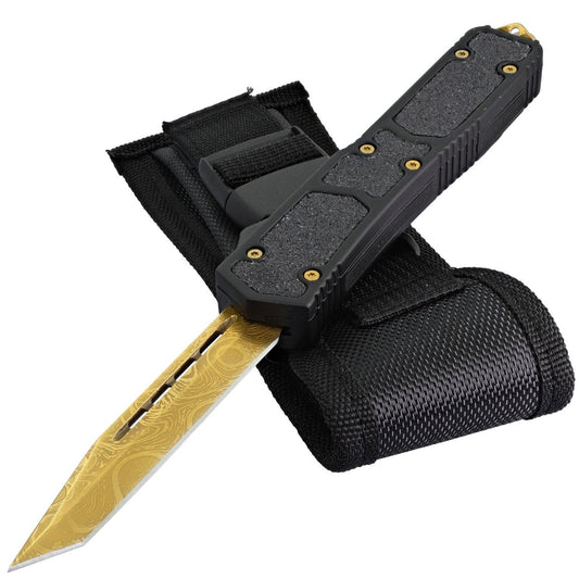 8.5" Burning Light Etched Damascus Pattern Gold Tanto Blade Automatic OTF Knife