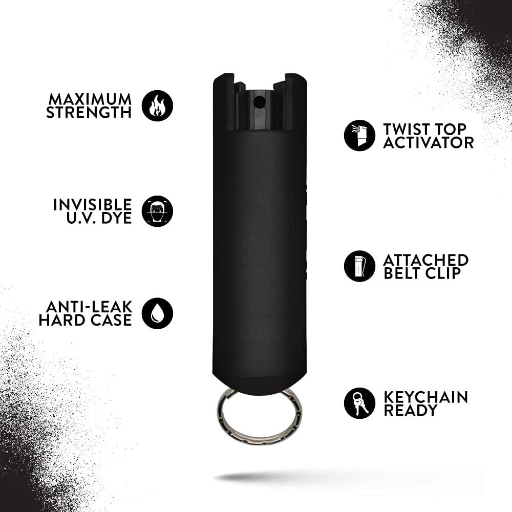 Black Hard Case Personal Defense Pepper Spray Keychain With Belt Clip