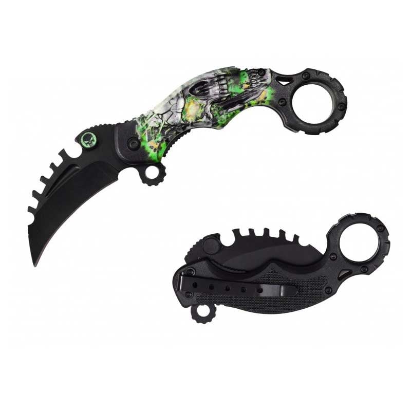 Green Skull Karambit Reverse Sawblade Spring Assist Folding Pocket Knife