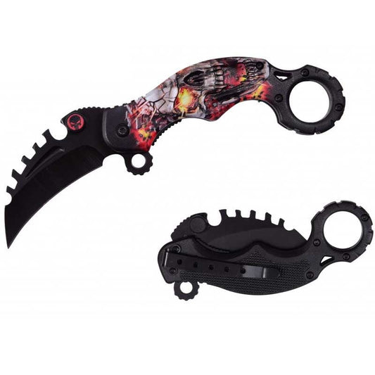 Red Skull Karambit Reverse Sawblade Spring Assist Folding Pocket Knife