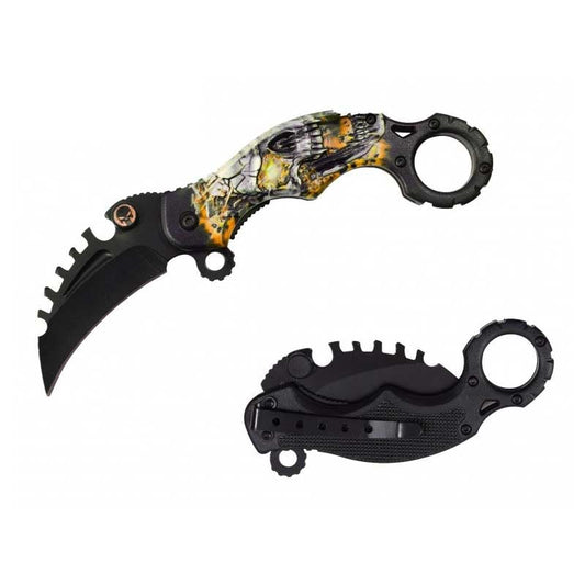 Yellow Skull Karambit Reverse Sawblade Spring Assist Folding Pocket Knife