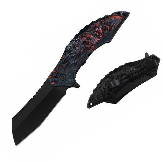 8" Red Dragon Handle Assisted Open Pocket Knife Cleaver Blade