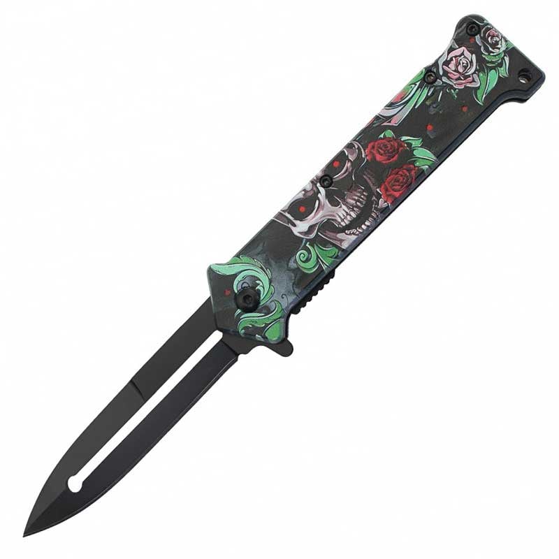 8" Skull Roses Spring Assisted Opening Joker Knife