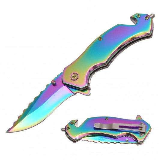 8" Rainbow Spring Assisted Rescue Tactical Folding Knife