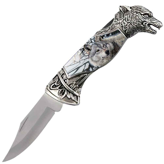 8" Overall Wolf Head Lockback Folding Pocket Knife in a Gift Box Style-7