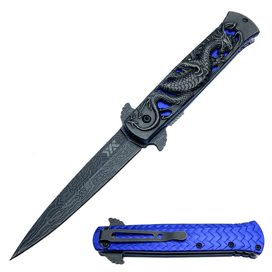 Heavy Duty Blue Fierce Dragon Spring Assisted Knife Damascus Pattern Blade