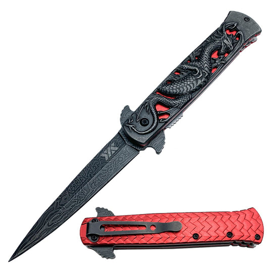 Heavy Duty Red Fierce Dragon Spring Assisted Knife Damascus Pattern Blade