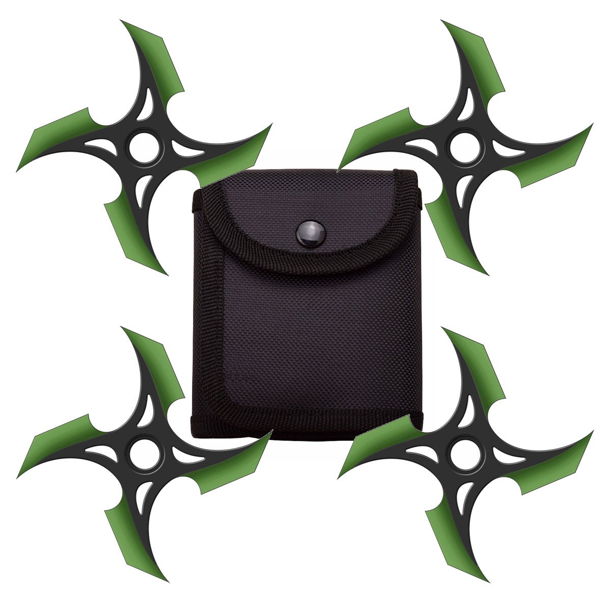 4 Pc Set Black and Green Finish Four Point Throwing Ninja Stars Shuriken