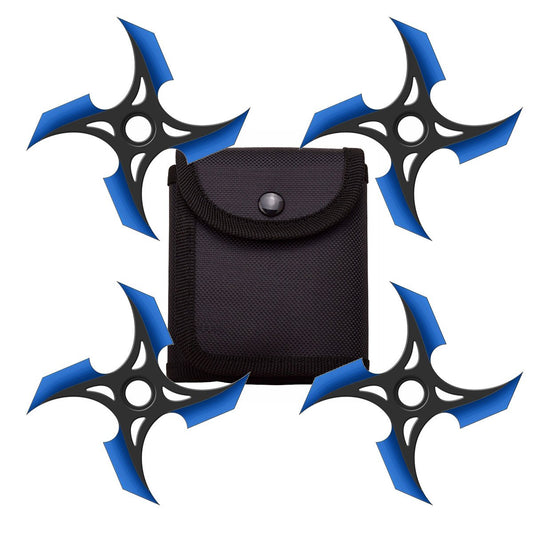 4 Pc Set Black and Blue Finish Four Point Throwing Ninja Stars Shuriken