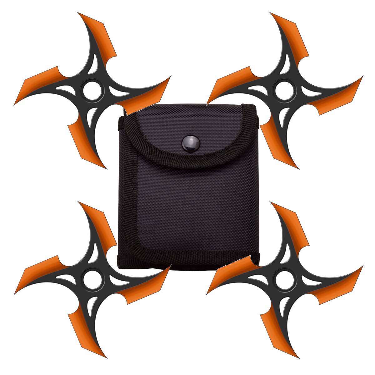 4 Pc Set Black and Orange Finish Four Point Throwing Ninja Stars Shuriken