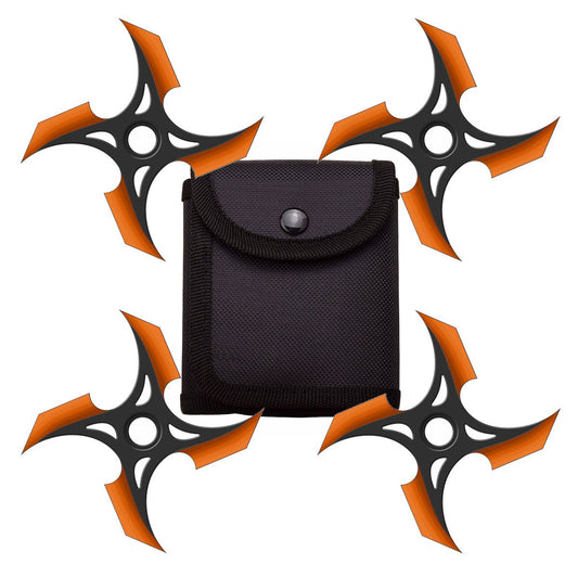 4 Pc Set Black and Orange Finish Four Point Throwing Ninja Stars Shuriken