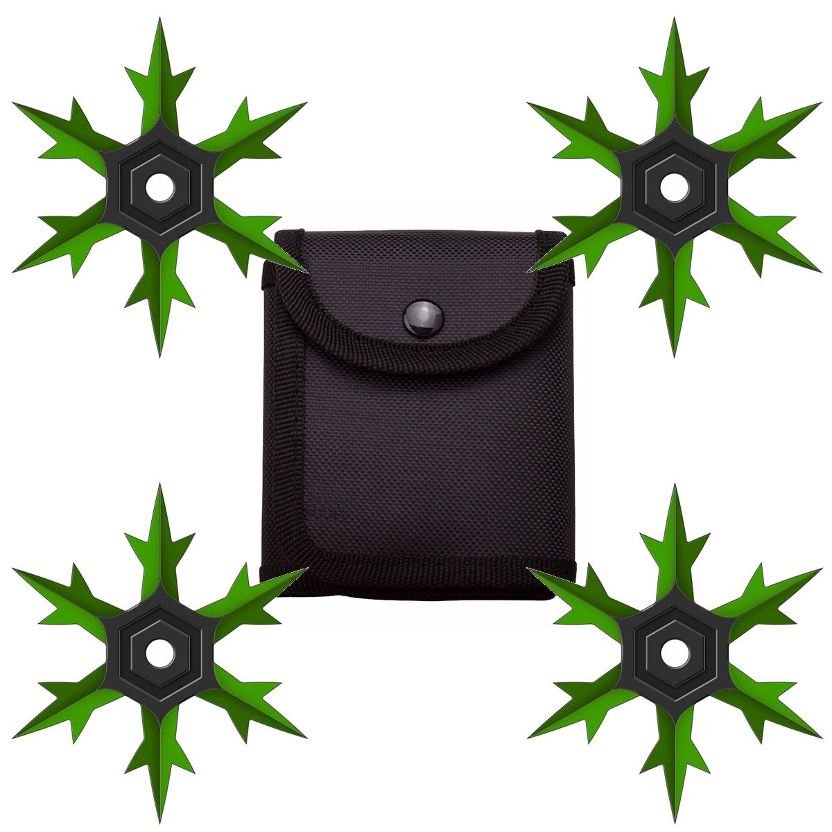 4 Pc Set Green and Black Finish Six Point Throwing Ninja Stars Snowflake Shurikens