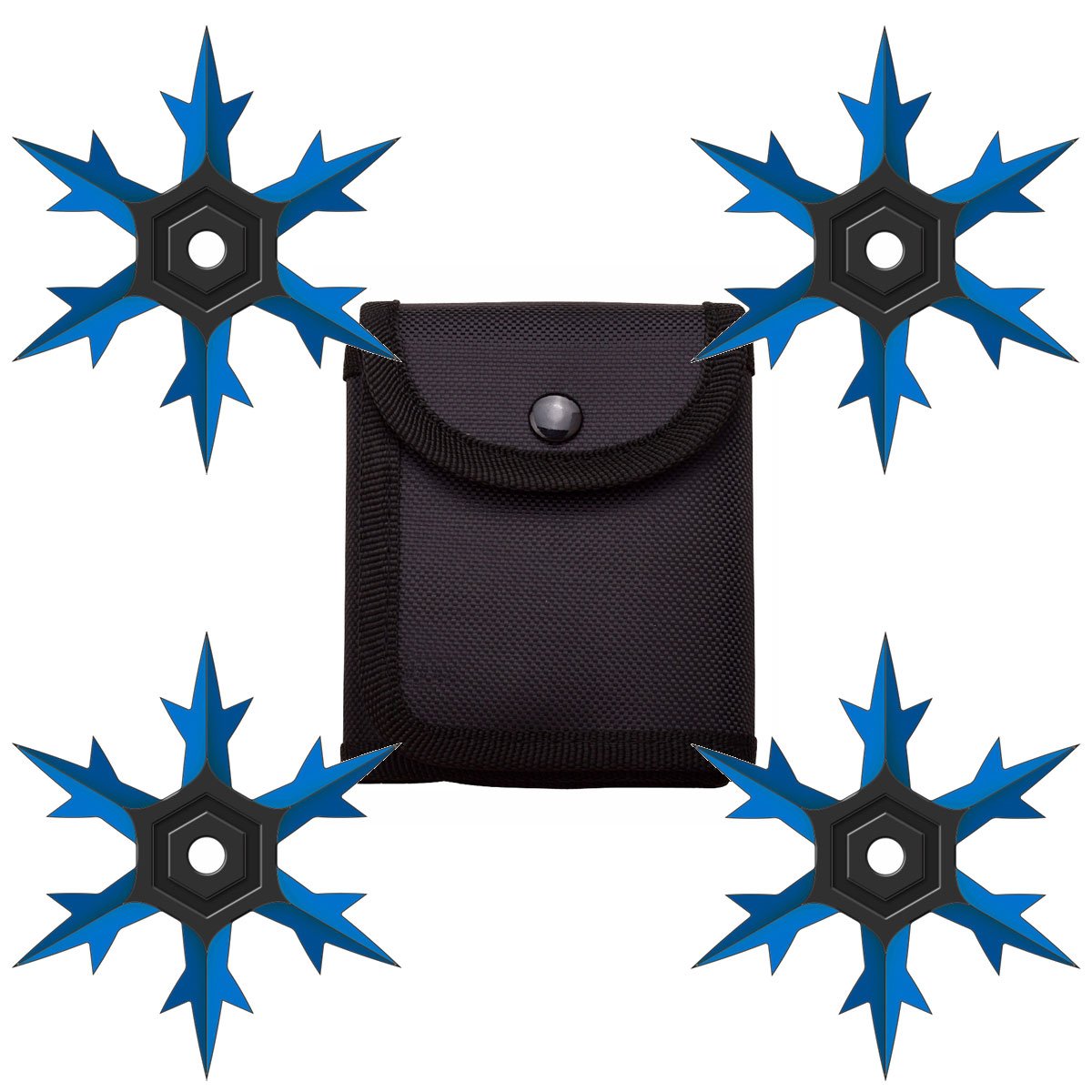 4 Pc Set Blue and Black Finish Six Point Throwing Ninja Stars Snowflake Shurikens