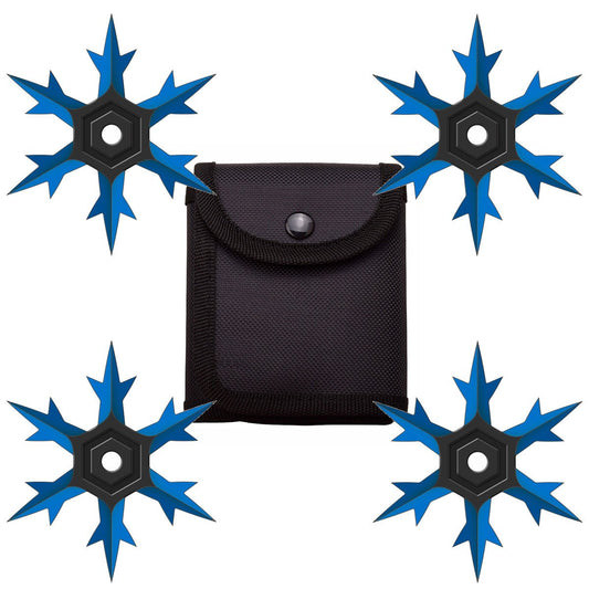 4 Pc Set Blue and Black Finish Six Point Throwing Ninja Stars Snowflake Shurikens