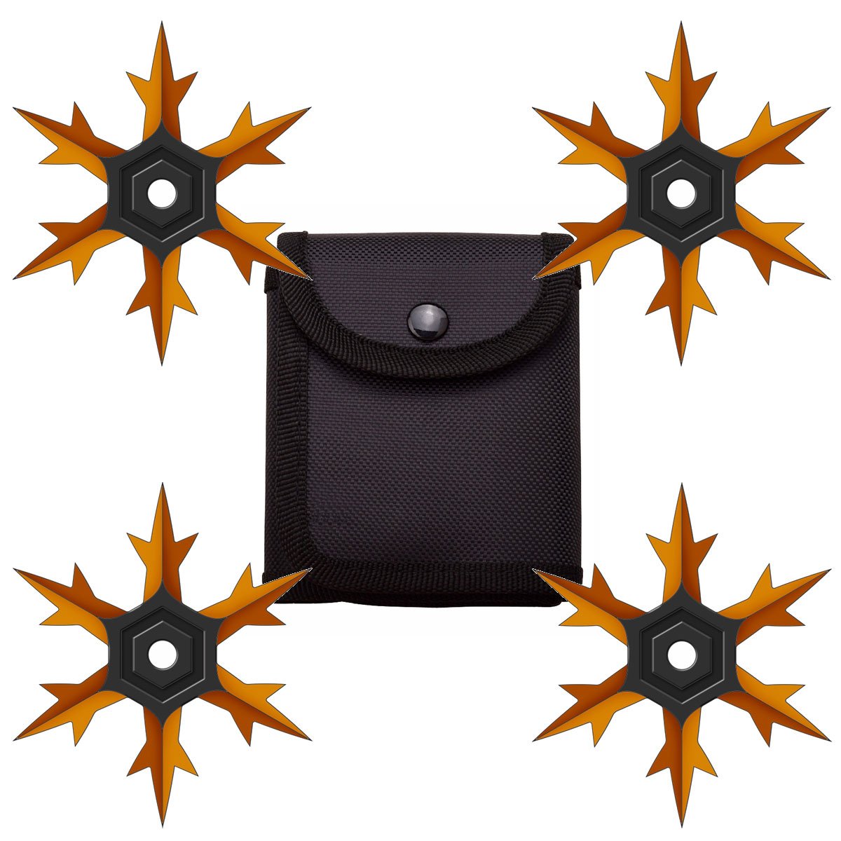 4 Pc Set Orange and Black Finish Six Point Throwing Ninja Stars Snowflake Shurikens