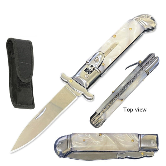 White Pearl Handle Automatic Lever Lock Stiletto Knife