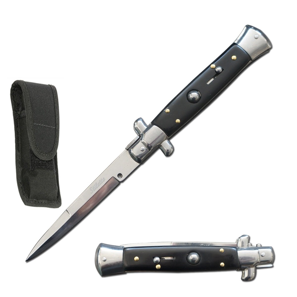 8.75" Italian Stiletto Automatic Knife Black Wood Handle