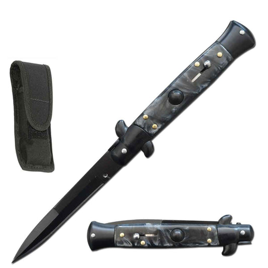 8.75" Italian Stiletto Automatic Knife Black Marble Handle