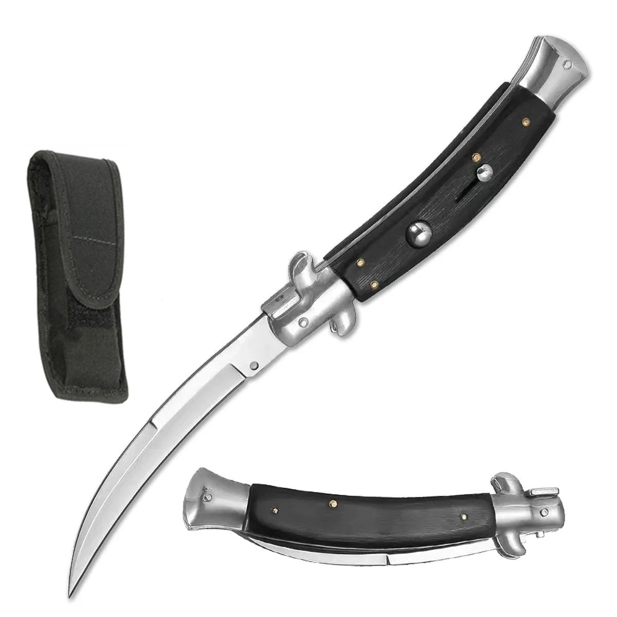 9.75" Black Italian Stiletto Switch Curved Blade Pocket Knife