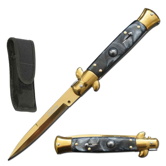 8.75" Classic Golden Italian Stiletto Switch Blade Automatic Knife