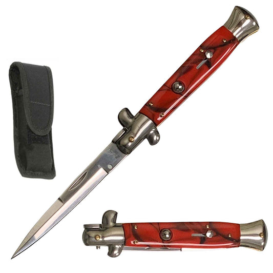 9.75" Italian Milano Stiletto Red Pearl Handle Automatic Knife