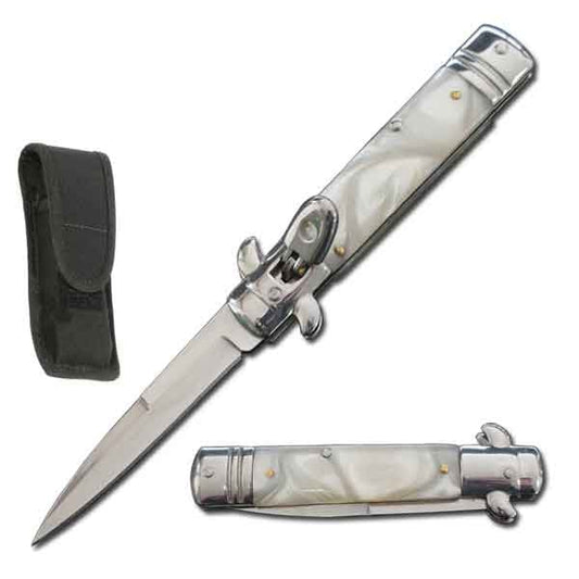 7.75" Automatic Switchblade Lever Lock Knife - White Pearl Handle