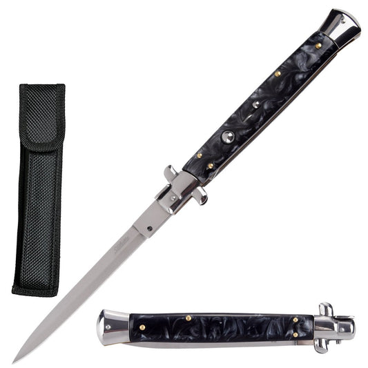 13" Big Boy Auto Italian Stiletto Switchblade Knife Black Pearl Handle