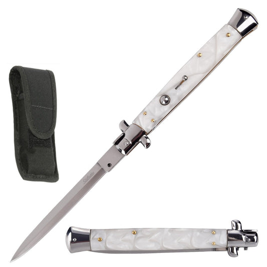 13" Big Boy Auto Italian Stiletto Switchblade Knife White Pearl Handle