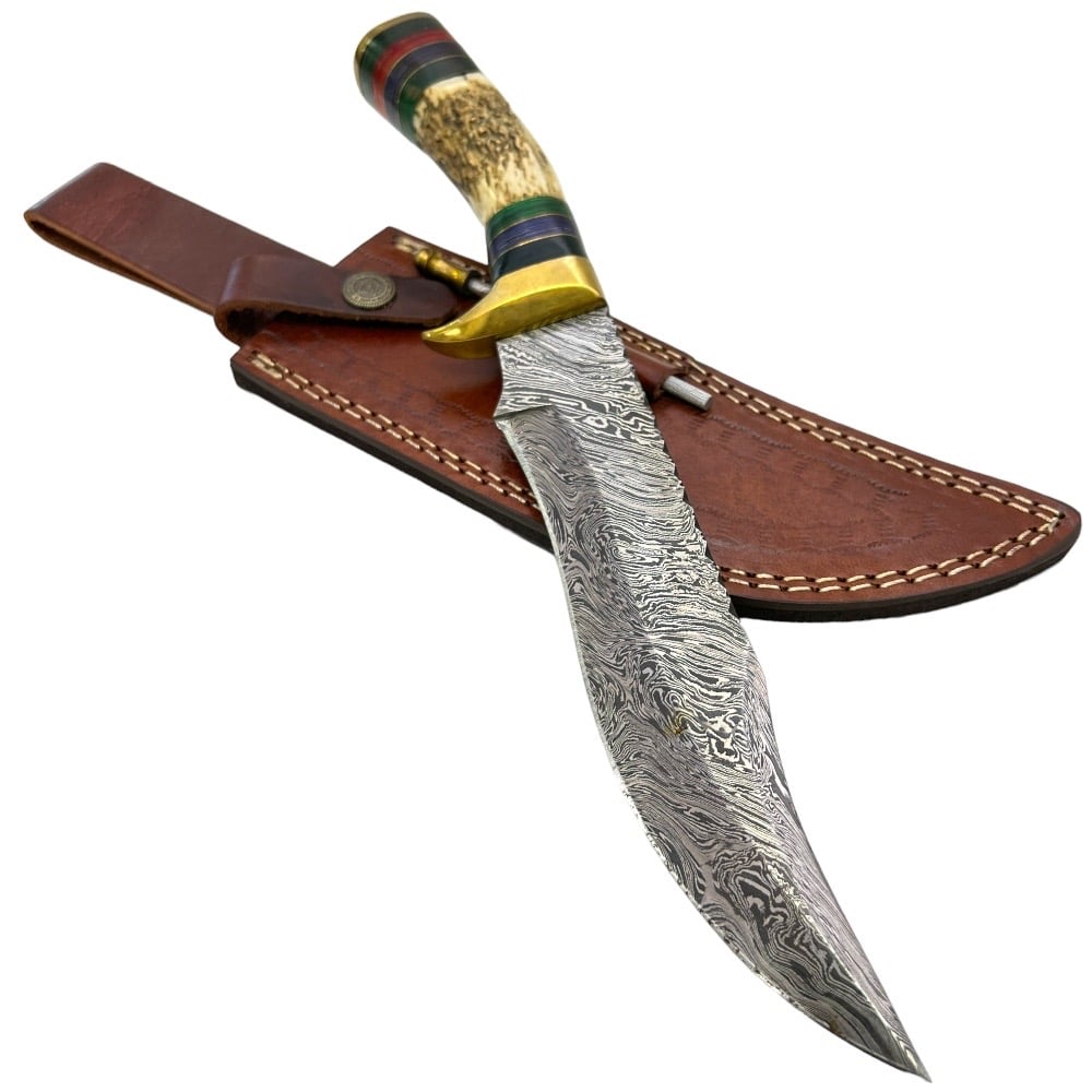 12 Inch Damascus Steel Custom Handmade Hunting Bowie Knife Stag Handle - T26