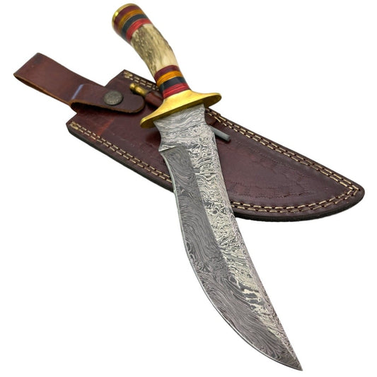 12 Inch Damascus Steel Custom Handmade Hunting Bowie Knife Stag Handle - T27