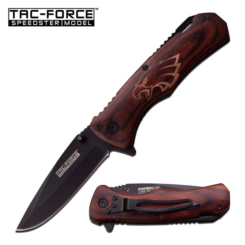 Brown Eagle Wood Black Blade Spring Assisted Folding Pocket Knife