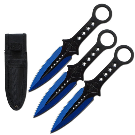 3 Pcs 7.5" Blue Tactical Skull Kunai Throwing Knife Blade Set