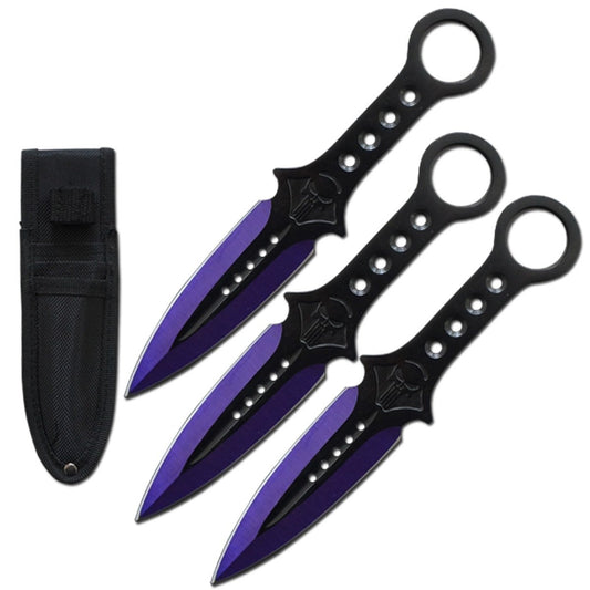 3 Pcs 7.5" Purple Tactical Skull Kunai Throwing Knife Blade Set