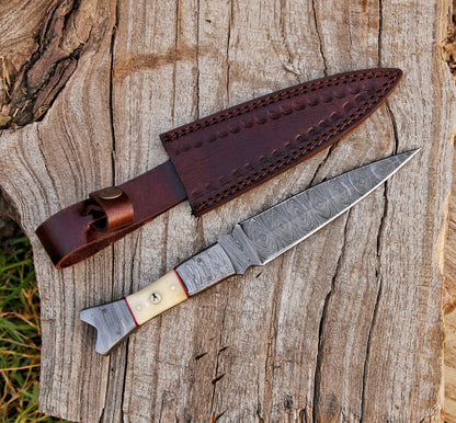 Fixed Blade Handmade Damascus Steel Hunting Dagger Knife Bone Handle