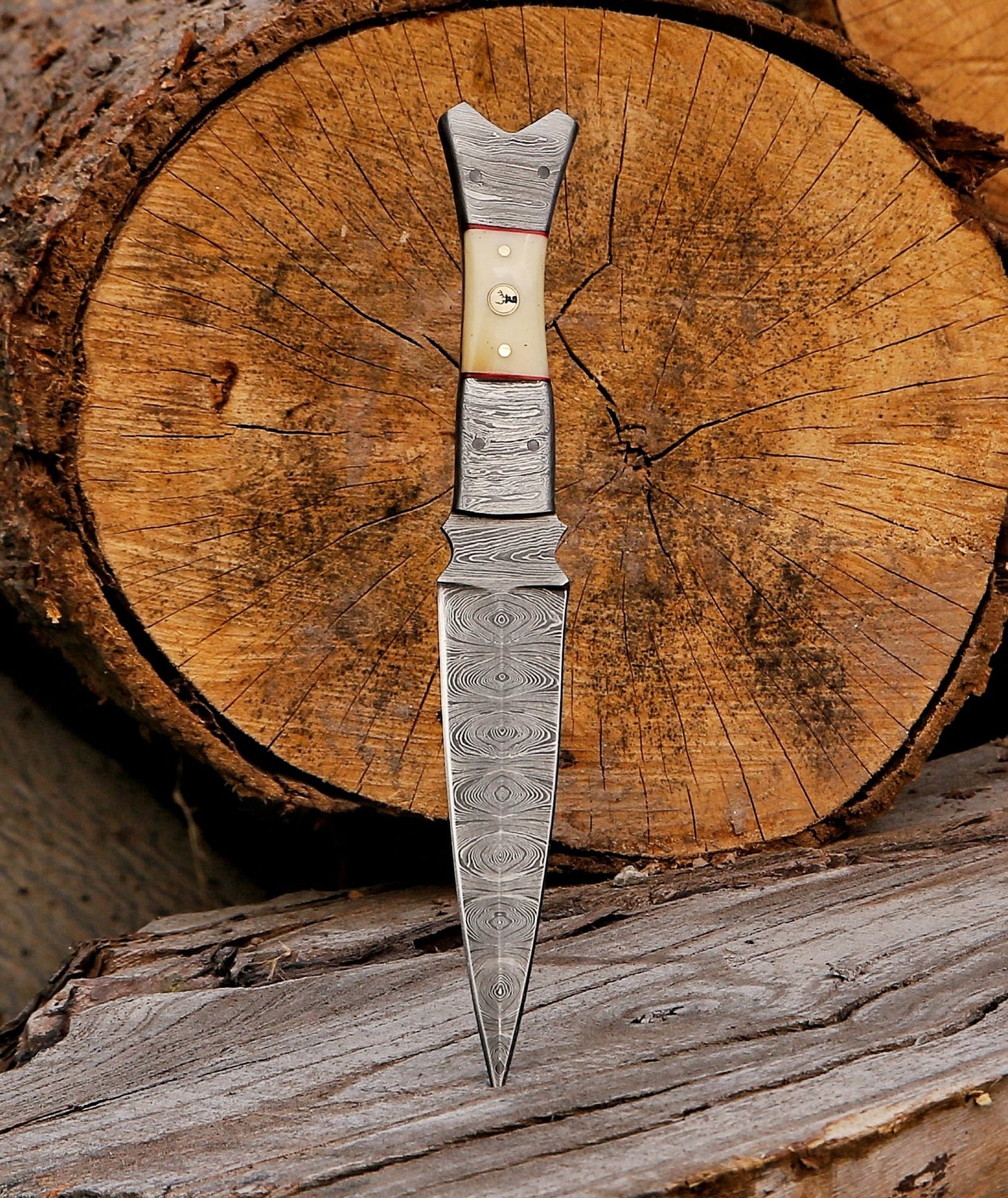 Fixed Blade Handmade Damascus Steel Hunting Dagger Knife Bone Handle