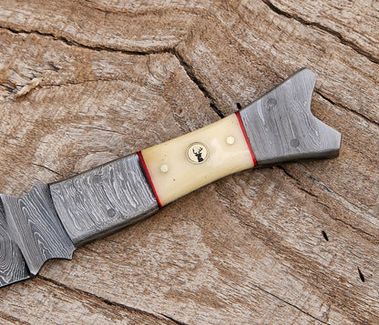 Fixed Blade Handmade Damascus Steel Hunting Dagger Knife Bone Handle