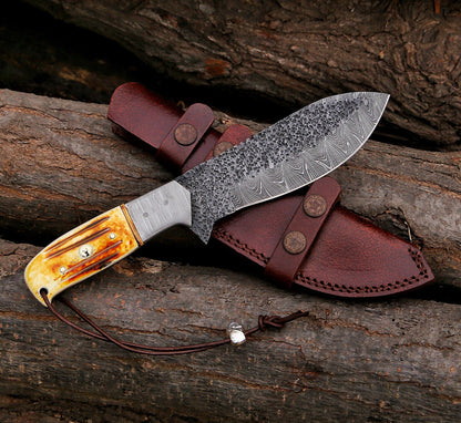 10.5" Custom Handmade Hammered Damascus Steel Hunting Skinning Knife