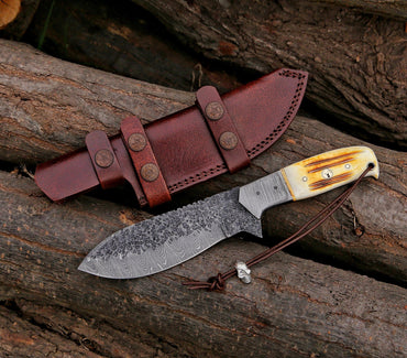 10.5" Custom Handmade Hammered Damascus Steel Hunting Skinning Knife