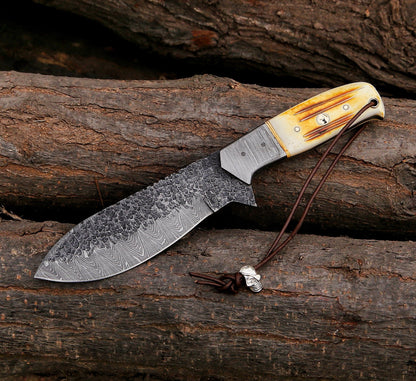 10.5" Custom Handmade Hammered Damascus Steel Hunting Skinning Knife