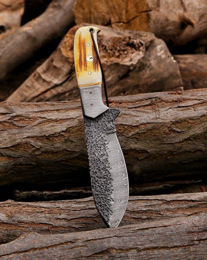 10.5" Custom Handmade Hammered Damascus Steel Hunting Skinning Knife