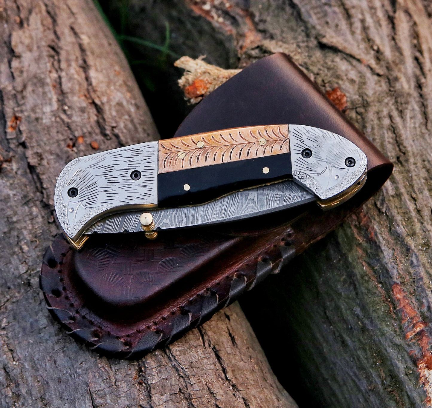 8" Damascus Steel Custom Hand Engraved Folding Pocket Knife