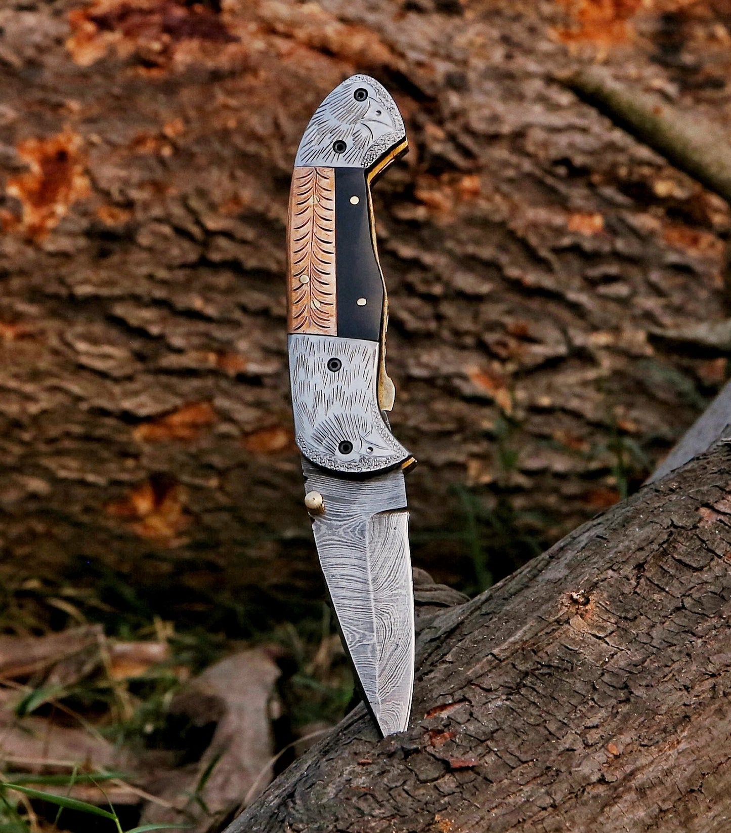 8" Damascus Steel Custom Hand Engraved Folding Pocket Knife