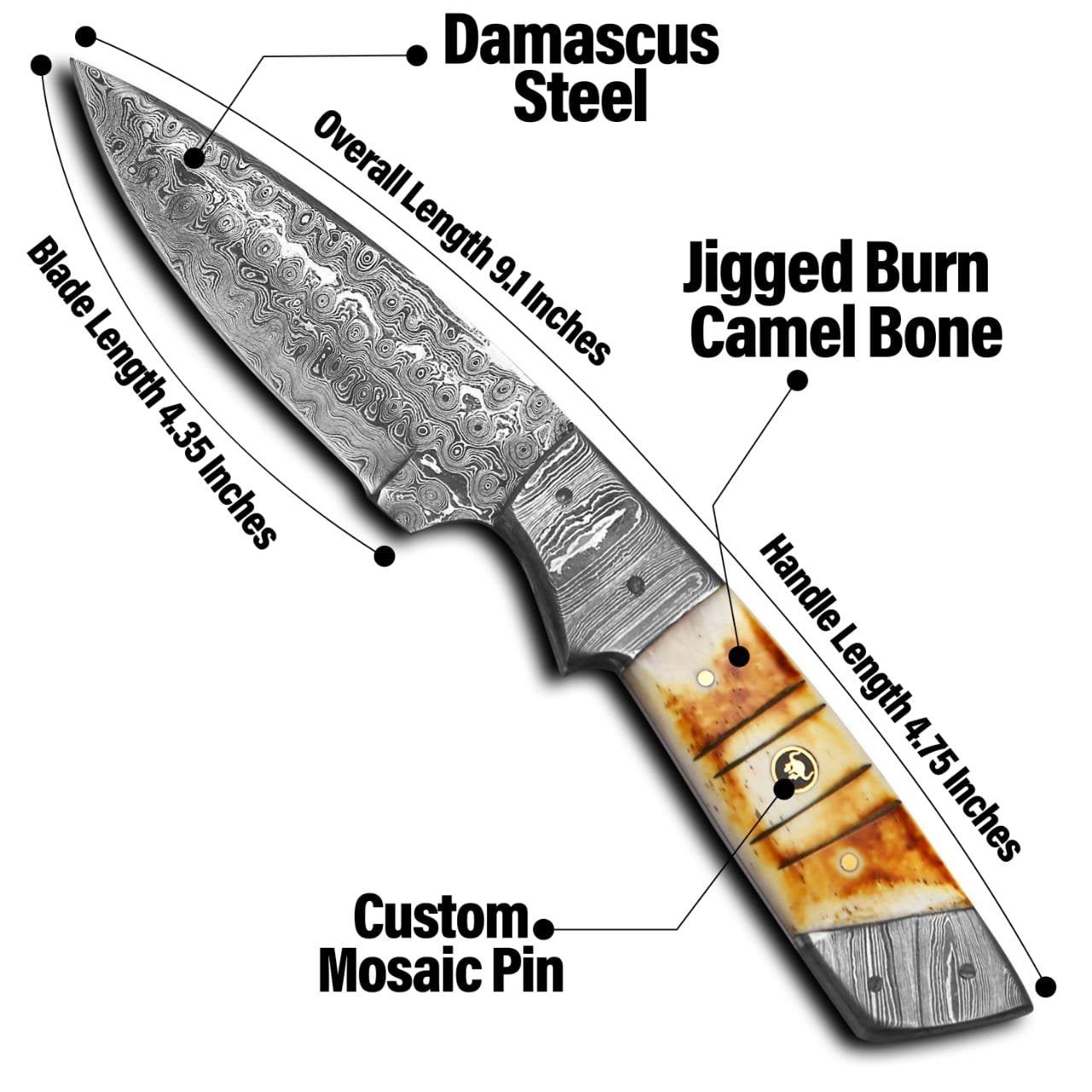 9.5" Custom Handmade Damascus Steel Hunting Skinning Knife Bone